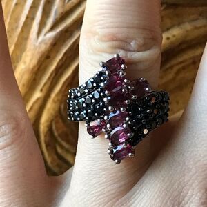 Natural Rhodolite Garnet Black Spinel Cocktail Ring Size 6